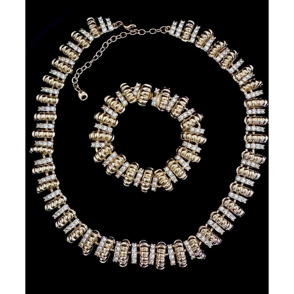 Vintage JBK Camrose & Kross Necklace Bracelet Set Crystal Ribbed Gold